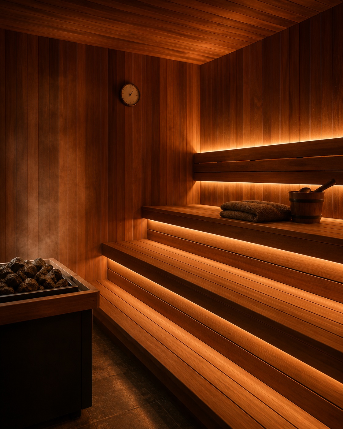 Visualization — A cedar sauna, three tiers tall.